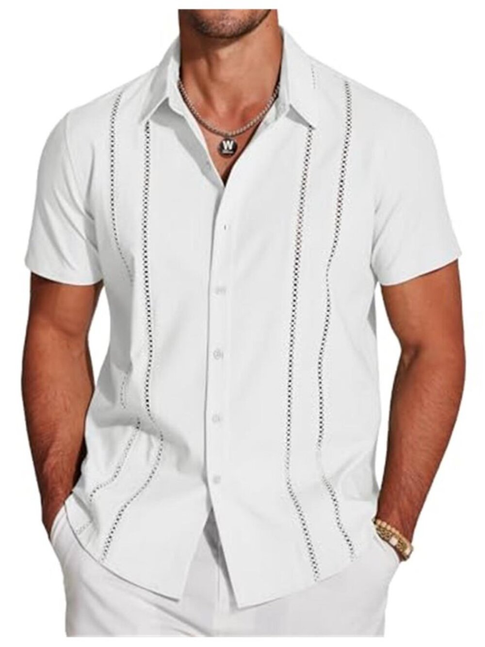 Men Cuban Guayabera Shirt Short Sleeve Button Down Linen Beach Summer White